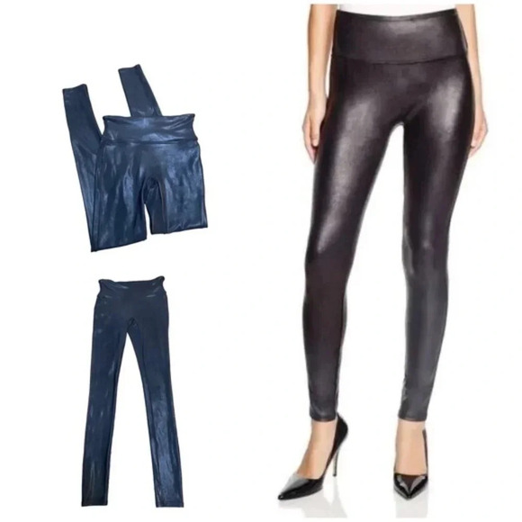 SPANX Pants - Spanx Black Shimmer Metallic Faux Leather Leggings Sz XS